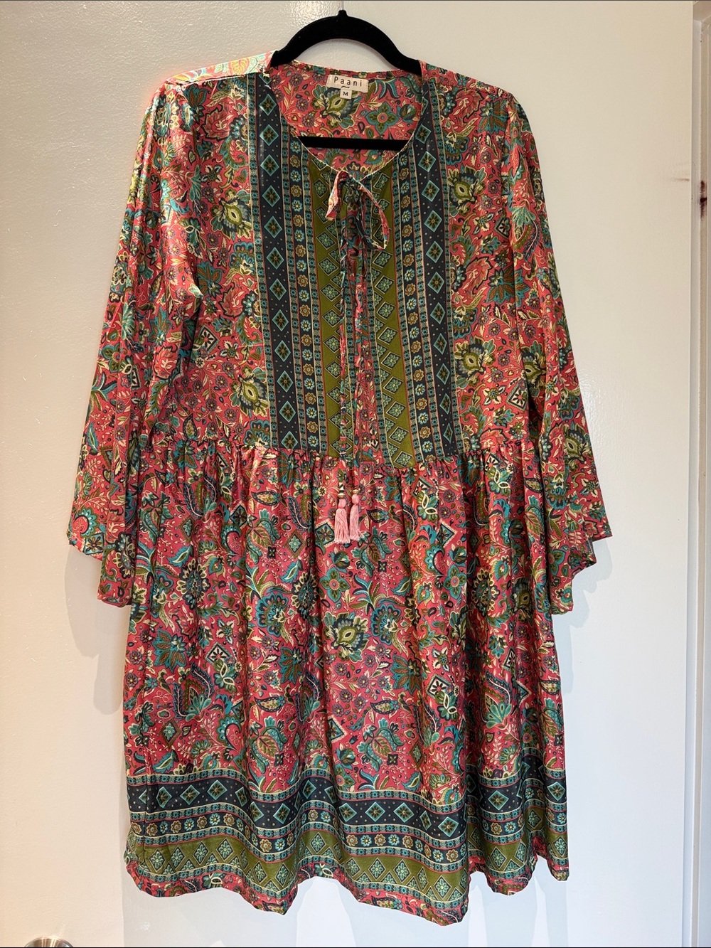 Boho Paisley Tiered Long-Sleeve Dress in Pink & Green